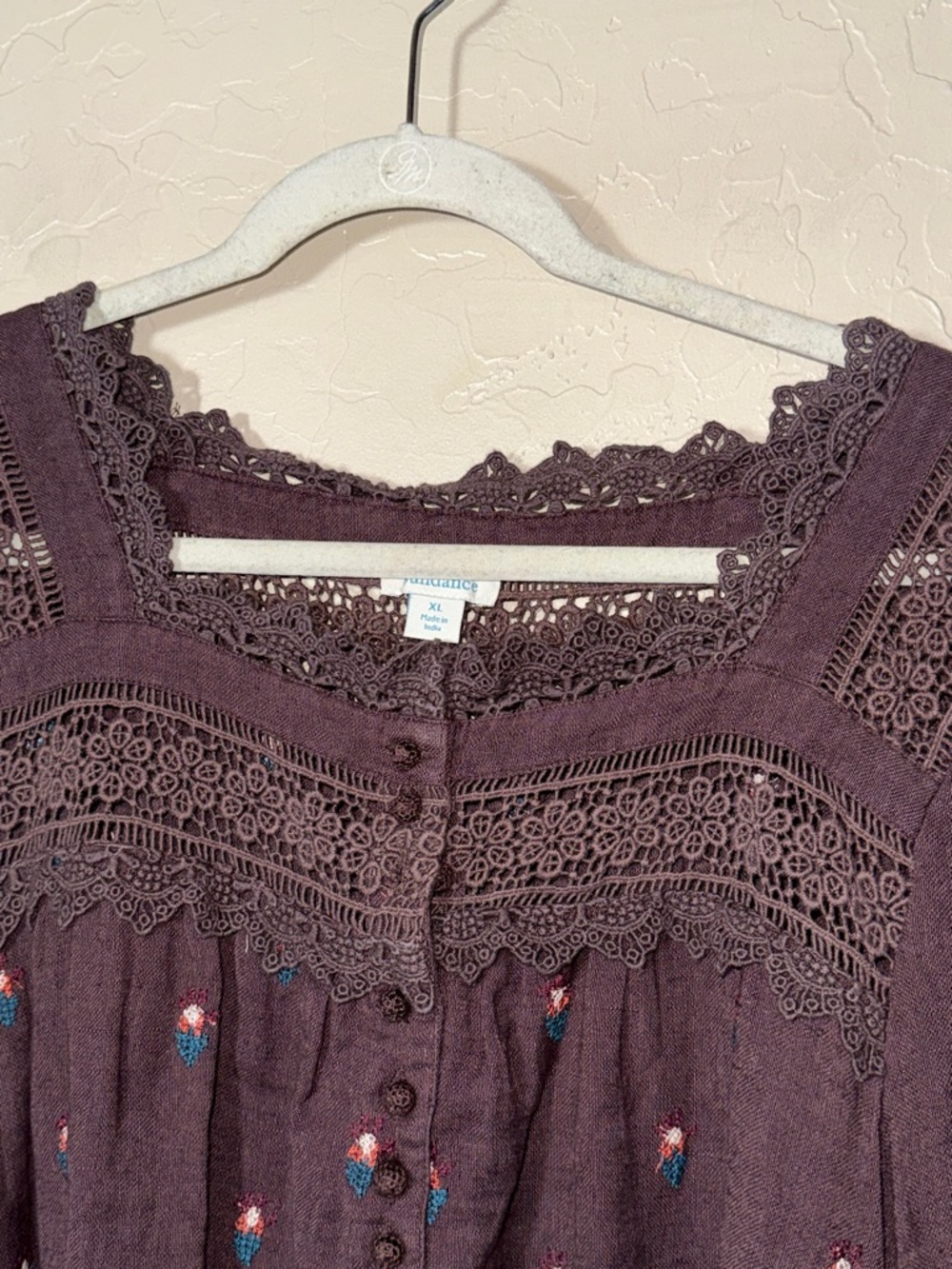 Sundance embroidered floral lace detail square neck blouse linen cotton blend XL - Picture 3 of 8